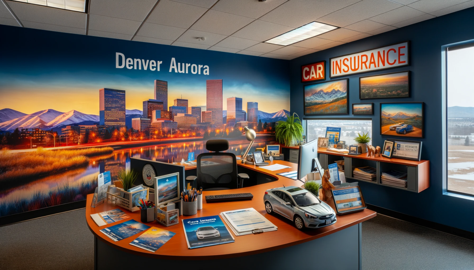 An office setting that captures the essence of car insurance in Denver Aurora, with a backdrop of the city's iconic skyline