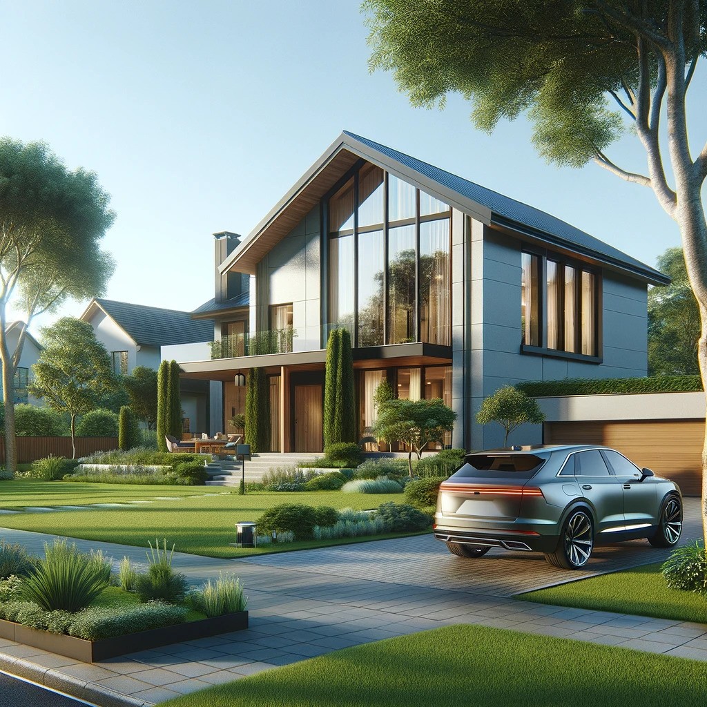 A serene suburban home during the day with a modern car parked in the driveway yin front of the house