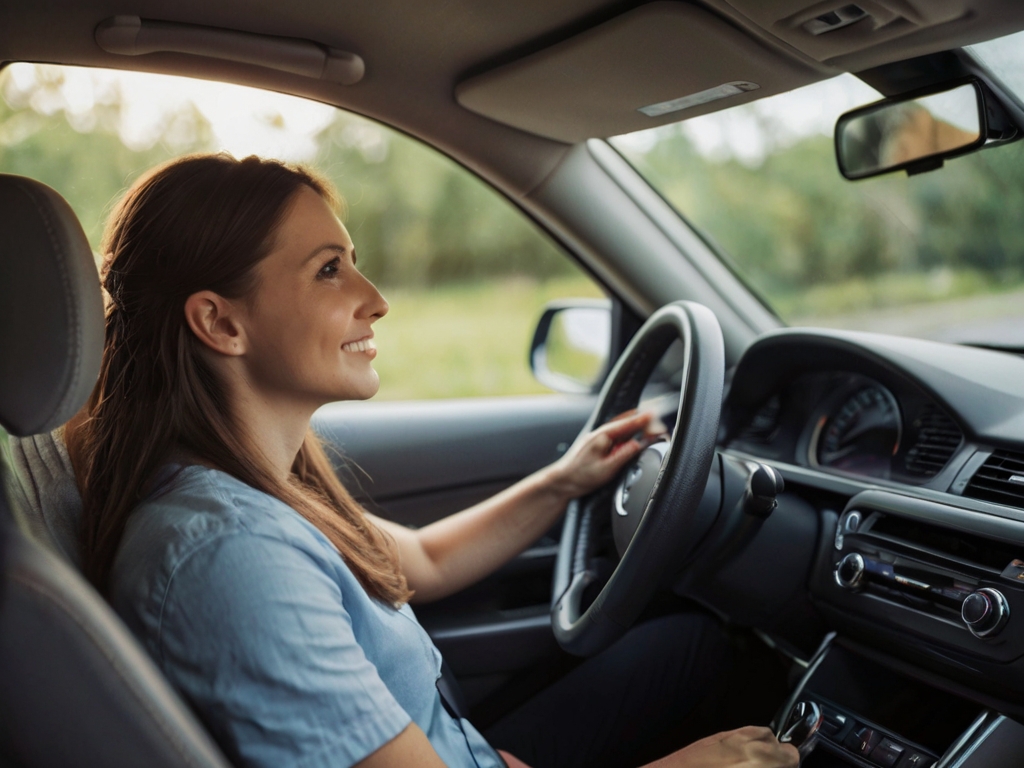 woman driving a car while smiling