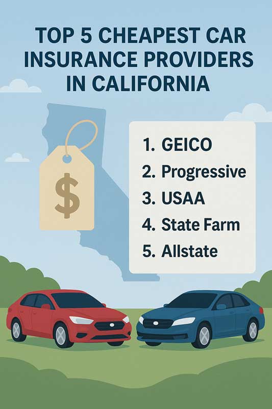 Top 5 Cheapest Car Insurance Providers in California,” featuring GEICO, Progressive, USAA, State Farm, and Allstate.