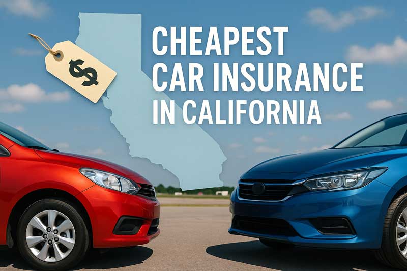 Two cars, one red and one blue, are parked facing each other on a sunny day with a light blue silhouette of California in the background, featuring a beige price tag with a dollar sign.