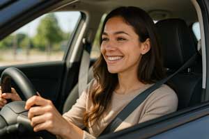 A smiling woman drives a car on a sunny day, wearing a seatbelt and looking content, with sunlight streaming through the window