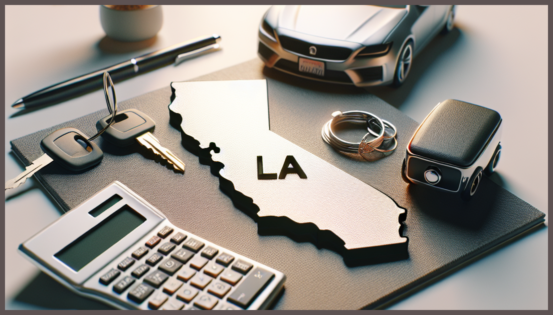 A calculator, car keys, and symbols of LA insurance discounts.