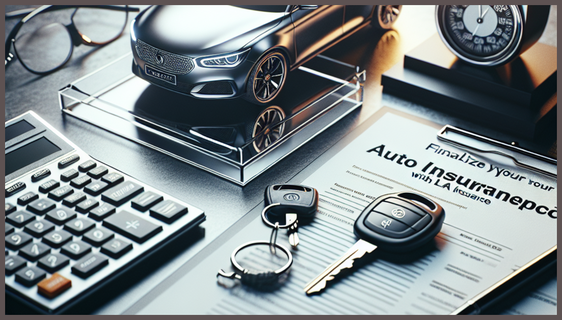 A minimalist desk with auto insurance documents and a car key.