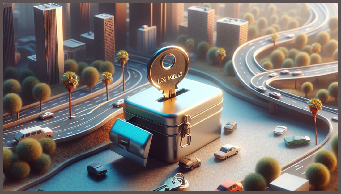 A key unlocking a savings box with LA skyline.