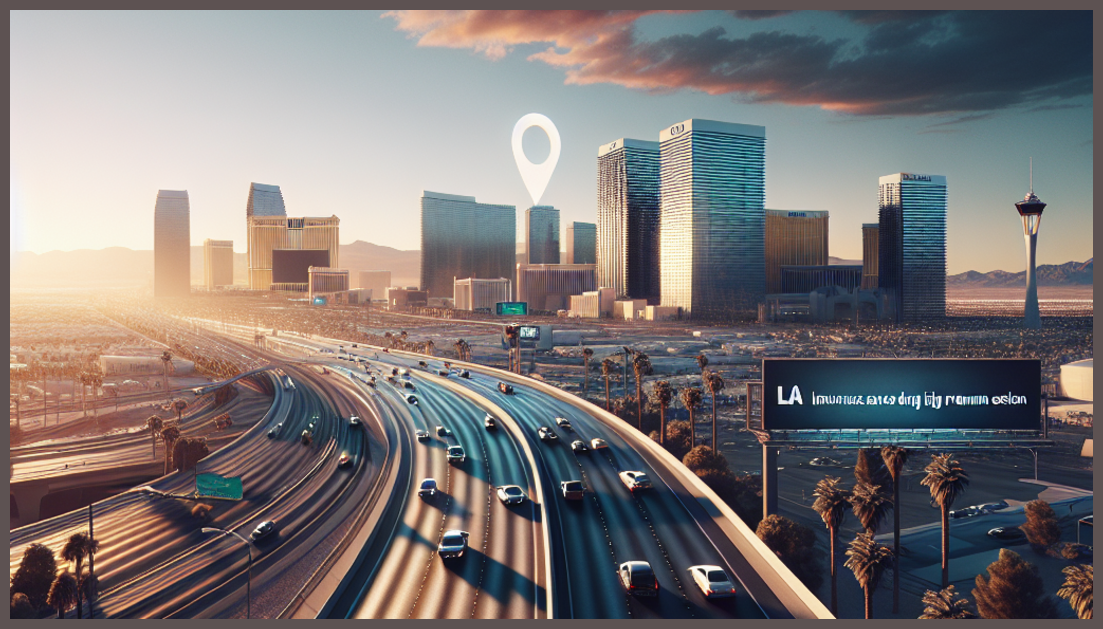 Iconic Las Vegas skyline with insurance symbols and savings elements.