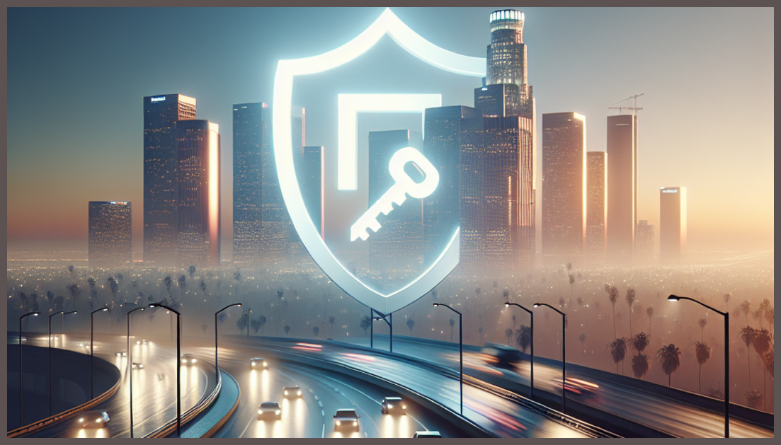 A shield symbolizing protection with Los Angeles skyline in the background.