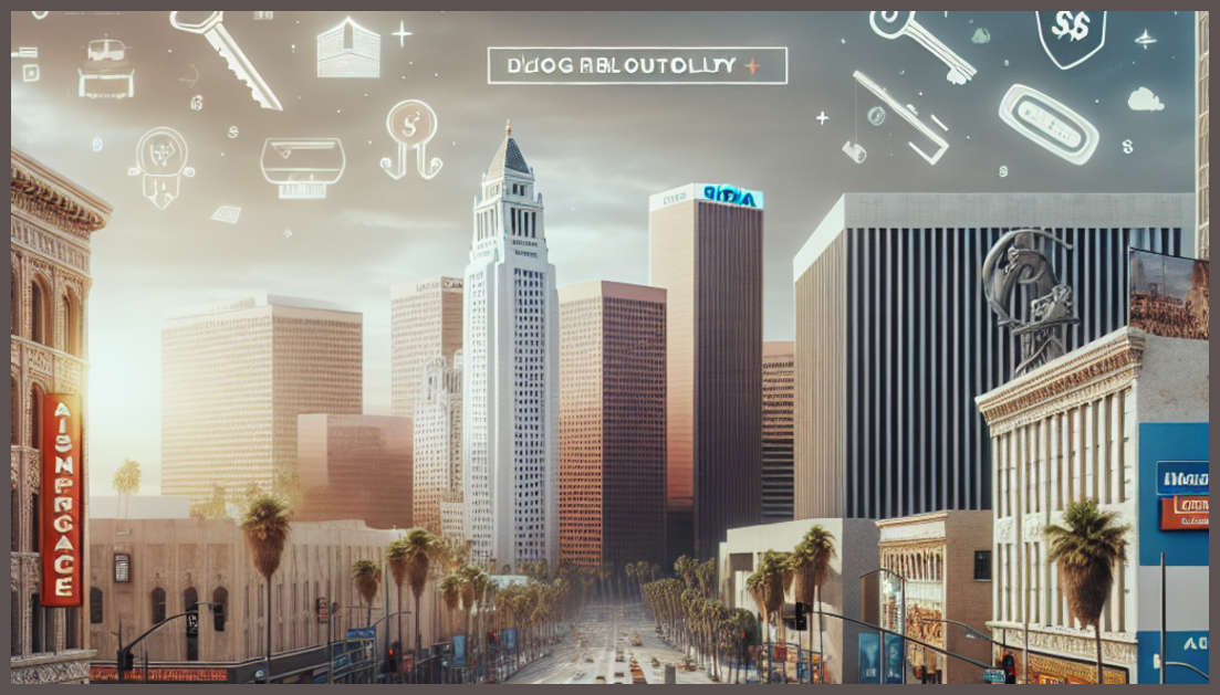 An abstract representation of LA with insurance symbols.