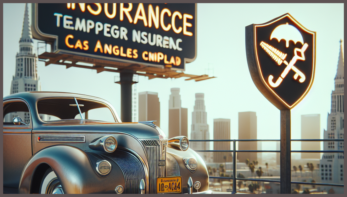 A serene rental car with an insurance symbol in front of the LA skyline.