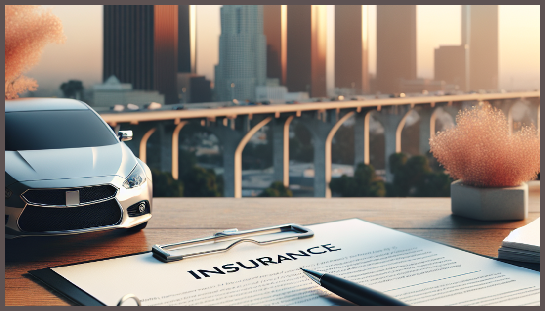 Car insurance symbol with LA skyline backdrop.